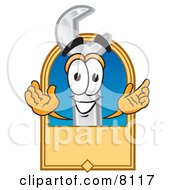Wrench Mascot Cartoon Character With A Blank Tan Label