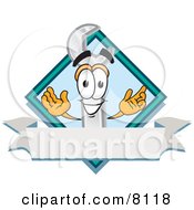 Clipart Picture Of A Wrench Mascot Cartoon Character With A Blank White Label