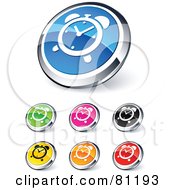 Digital Collage Of Shiny Colored And Chrome Alarm Clock Website Buttons