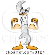 Poster, Art Print Of Wrench Mascot Cartoon Character Flexing His Arm Muscles