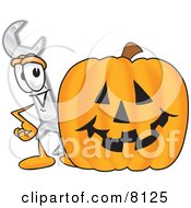 Poster, Art Print Of Wrench Mascot Cartoon Character With A Carved Halloween Pumpkin