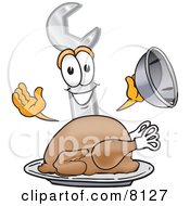 Poster, Art Print Of Wrench Mascot Cartoon Character Serving A Thanksgiving Turkey On A Platter