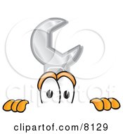 Poster, Art Print Of Wrench Mascot Cartoon Character Peeking Over A Surface
