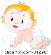 Cute Caucasian Blond Baby Crawling In A Diaper