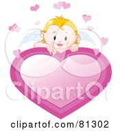 Blond Cupid Baby Looking Over A Pink Heart Sign