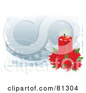 Christmas Background With Snowflakes A Candle And Red Poinsettias