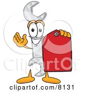 Clipart Picture Of A Wrench Mascot Cartoon Character Holding A Red Sales Price Tag