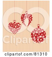 Royalty Free RF Clipart Illustration Of Red Star Patterned Christmas Ornaments On A Striped Background
