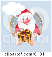 Poster, Art Print Of Thoughtful Santa Holding Out A Present From A Snowy Circle With A Word Balloon