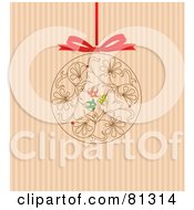 Poster, Art Print Of Floral Scroll Christmas Ornament Hanging From A Red Ribbon On A Striped Background