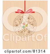 Royalty Free RF Clipart Illustration Of A Floral Scroll Christmas Ornament Hanging From A Red Ribbon On A Striped Background by Pushkin