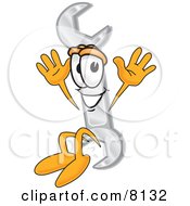 Clipart Picture Of A Wrench Mascot Cartoon Character Jumping