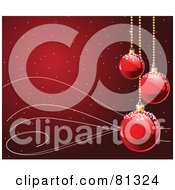 Royalty Free RF Clipart Illustration Of A Red Snowy Christmas Background With Swooshes And Red Frosted Baubles by Pushkin