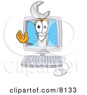 Clipart Picture Of A Wrench Mascot Cartoon Character Waving From Inside A Computer Screen