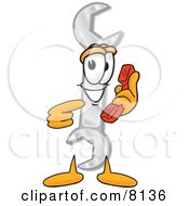 Wrench Mascot Cartoon Character Holding A Telephone by Mascot Junction