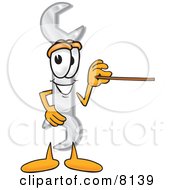 Clipart Picture Of A Wrench Mascot Cartoon Character Holding A Pointer Stick by Mascot Junction