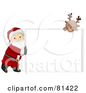 Poster, Art Print Of Jolly St Nick Pushing A Blank Sign And A Reindeer Looking Over It