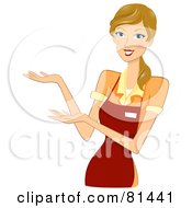 Poster, Art Print Of Caucasian Woman In An Apron Presenting An Invisible Item