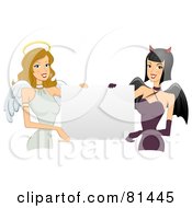 Royalty Free RF Clipart Illustration Of Pretty Angel And Devil Women Holding A Blank Sign