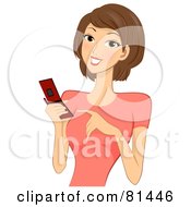 Young Brunette Woman Smiling And Holding A Red Cell Phone by BNP Design Studio