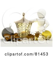 Poster, Art Print Of 3d White Character Standing By A Candle Lantern With A Bow Baubles And Holly