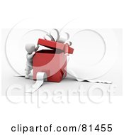 Poster, Art Print Of 3d White Character Peeking Inside A Red Gift Box With White Ribbons And A Bow