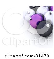 Royalty Free RF Clipart Illustration Of A Background Of 3d Silver Purple And Black Christmas Baubles With White Space
