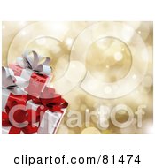 Poster, Art Print Of Gold Sparkle Background With Wrapped Christmas Presents