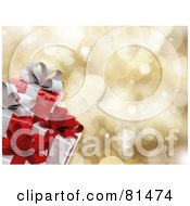 Royalty Free RF Clipart Illustration Of A Gold Sparkle Background With Wrapped Christmas Presents