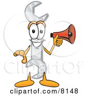 Wrench Mascot Cartoon Character Holding A Megaphone