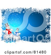 Royalty Free RF Clipart Illustration Of A Blue Christmas Background With Presents Snowflakes And Snowmen
