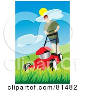 Caucasian Man Pushing A Red Lawn Mower Over Tall Grass