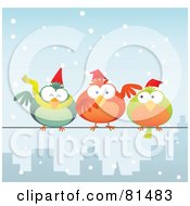 Poster, Art Print Of Chubby Christmas Birds Wearing Santa Hats And Perched On A City Wire In The Snow