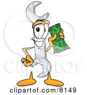 Clipart Picture Of A Wrench Mascot Cartoon Character Holding A Dollar Bill by Mascot Junction