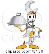 Clipart Picture Of A Wrench Mascot Cartoon Character Dressed As A Waiter And Holding A Serving Platter by Mascot Junction