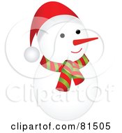 Poster, Art Print Of Cute Rounded Snowman Wearing A Scarf And Santa Hat