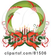 Poster, Art Print Of Green Christmas Wreath Wrapped With Candy Canes Bells Holly And Bows With Candles