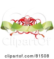Poster, Art Print Of Ornate Red Ribbon Bow Behind A Green Christmas Banner