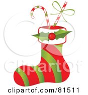 Red And Green Striped Christmas Stocking With Holly And Candy Canes