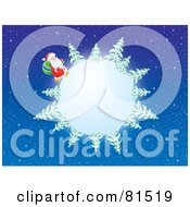 Poster, Art Print Of Santa Trekking Around A Moon Or Snowy Globe With Evergreens In A Starry Sky