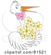 Poster, Art Print Of White Stork Wearing A Pink Bow And Carrying Yellow Flowers