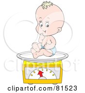 Royalty Free RF Clipart Illustration Of A Happy Blond Caucasian Baby Sitting On A Body Weight Scale by Alex Bannykh