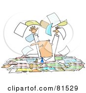 Poster, Art Print Of Stressed Manager Standing Chest High In Paperwork Tossing Pages Into The Air