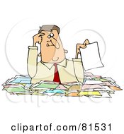 Poster, Art Print Of Confused Caucasian Businessman Holding Up A Paper While Wading Chest High In Paperwork