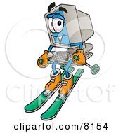 Poster, Art Print Of Desktop Computer Mascot Cartoon Character Skiing Downhill