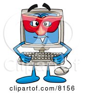 Desktop Computer Mascot Cartoon Character Wearing A Red Mask Over His Face by Toons4Biz