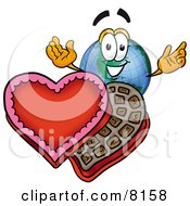 World Earth Globe Mascot Cartoon Character With An Open Box Of Valentines Day Chocolate Candies