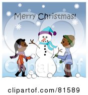 Poster, Art Print Of Merry Christmas Greeting Of Two Children Creating A Snowman Together In The Snow