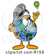 Poster, Art Print Of World Earth Globe Mascot Cartoon Character Preparing To Hit A Tennis Ball