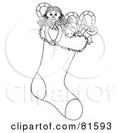 Royalty Free RF Clipart Illustration Of A Black And White Outline Of A Stuffed Christmas Stocking by Pams Clipart